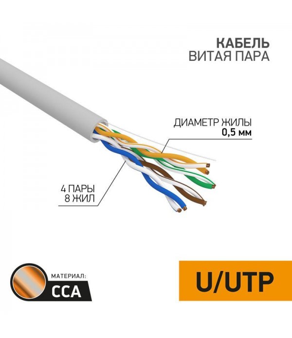 Кабель витая пара U/UTP 4х2х24AWG кат.5E solid CCA PVC сер. (м) PROCONNECT 01-0043-3
