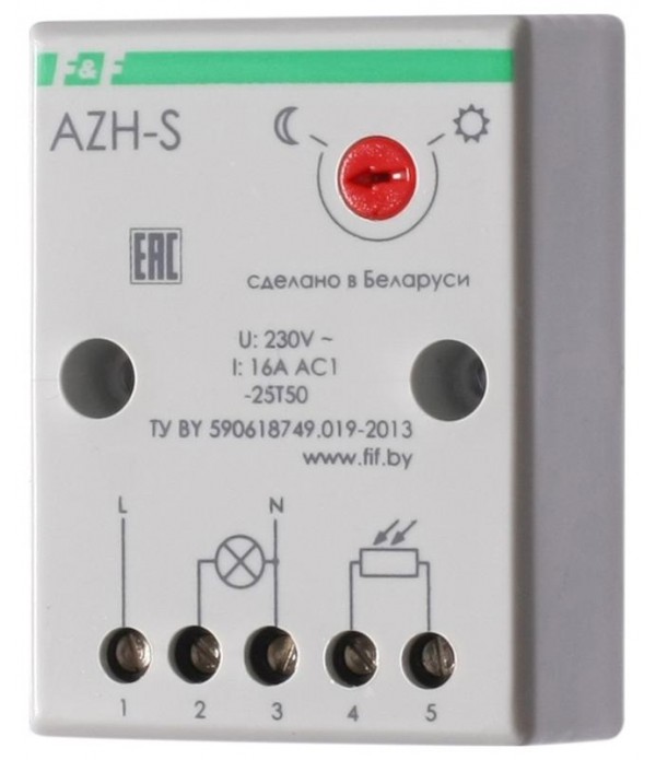 Фотореле AZH-S (выносной фотодатчик IP-65 монтаж на плоскость 230В 16А 1НО IP20) F&F EA01.001.007