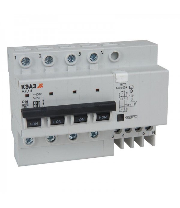 Выключатель автоматический АД14-42C40-АC-УХЛ4 дифференциального тока с защитой от сверхтоков (4P C40 30мА) 4.5кА КЭАЗ 318386