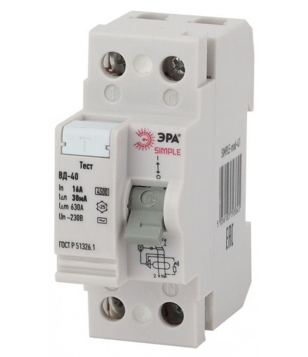 Выключатель дифференциального тока (УЗО) 2п 16А/30мА ВД-40 (электронное) SIMPLE-mod-41 ЭРА Б0039261