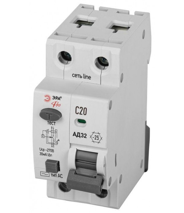Выключатель автоматический дифференциального тока 1P+N C20 30мА тип АC защита 230В АВДТ 4.5кА PRO D32E2C20АC30P АД32 электронное Эра Б0057353