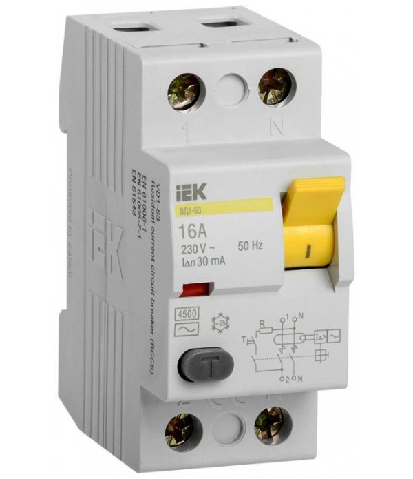 Выключатель дифференциального тока (УЗО) 2п 16А 30мА тип AC ВД1-63 IEK MDV10-2-016-030